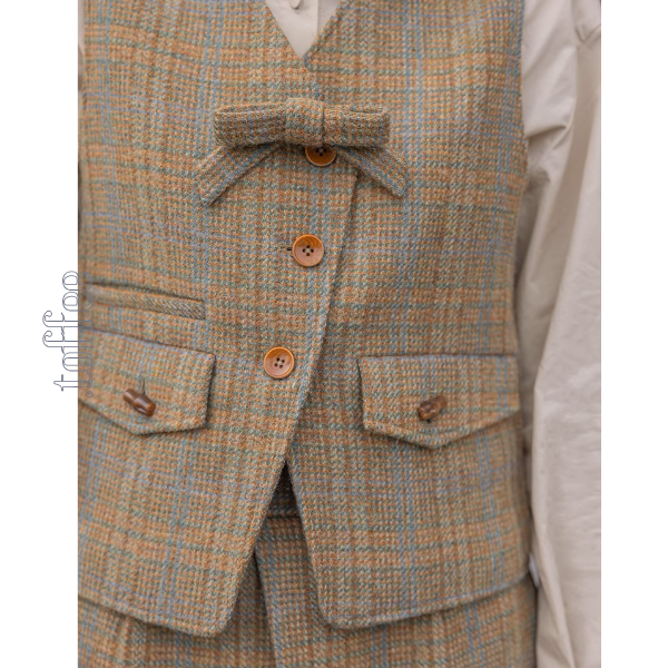 【3color】チェック柄リボン装飾ジレ＆ミモレ丈プリーツスカートセットアップ《Z00858》