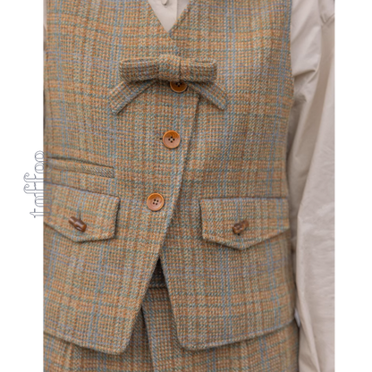 【3color】チェック柄リボン装飾ジレ＆ミモレ丈プリーツスカートセットアップ《Z00858》