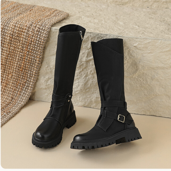 【2color】ラウンドトゥサイドジッパーロングブーツ X-468