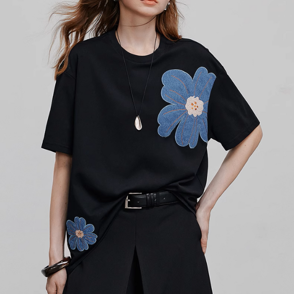 【3pattern】フラワーパッチワークオーバーサイズTシャツ《Z00935》