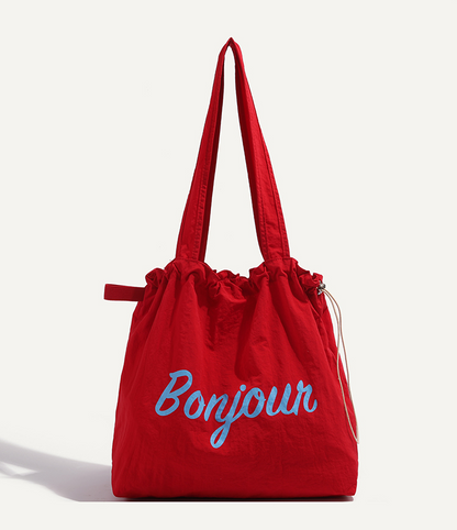 【4color】“Bonjour” レタープリントドローストリングトートバッグ　《Z00802》