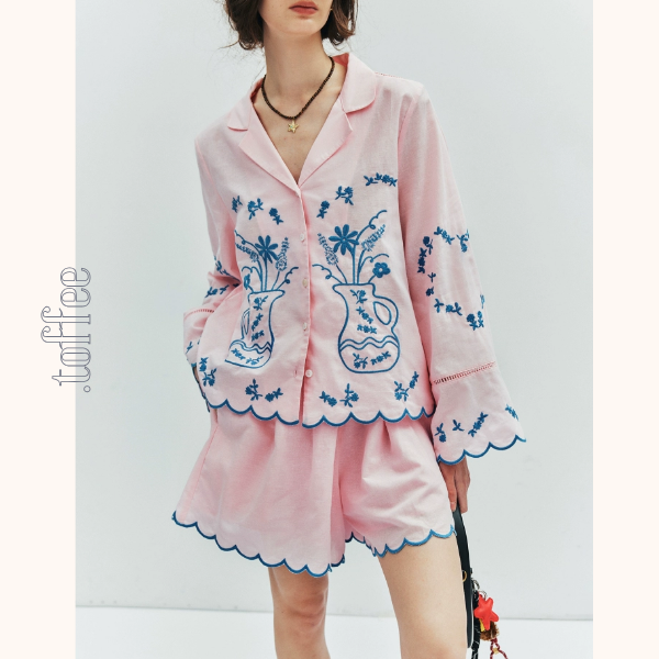 フラワーベース刺繍シャツ＆ショートパンツセットアップ《Z01006》