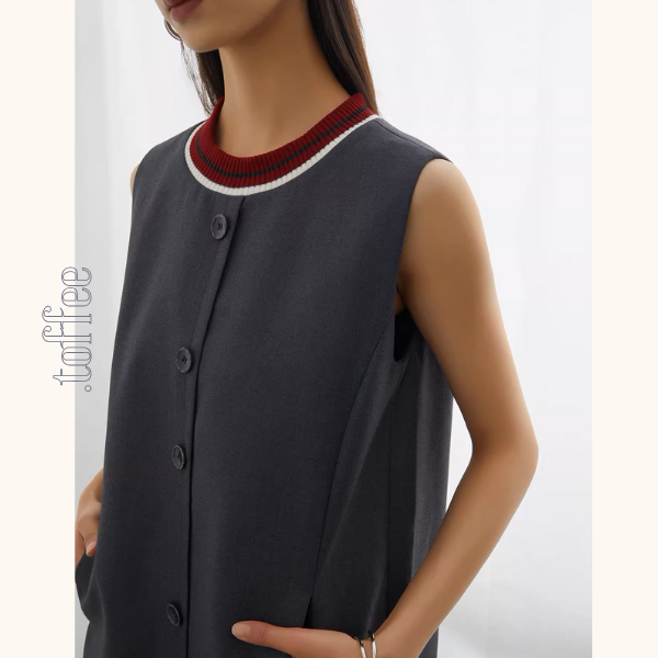 コントラストカラーフロントボタンノースリーブミニワンピース《Z00945》