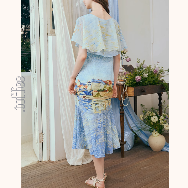 潮の音が聞こえる：シフォンプリントロングワンピース《Z00972》