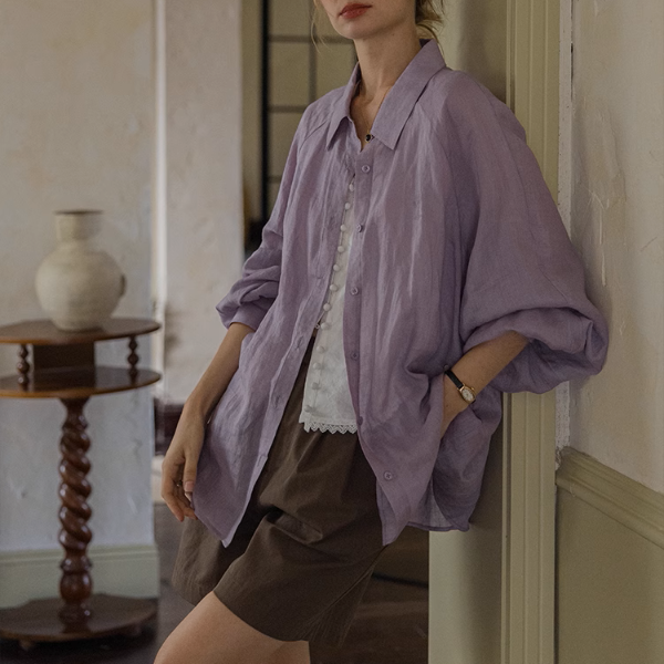 【4color】ランタンスリーブオーバーサイズシアーシャツ《Z00863》