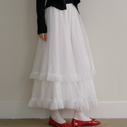フリル＆メッシュホワイトロングスカート　Z00570