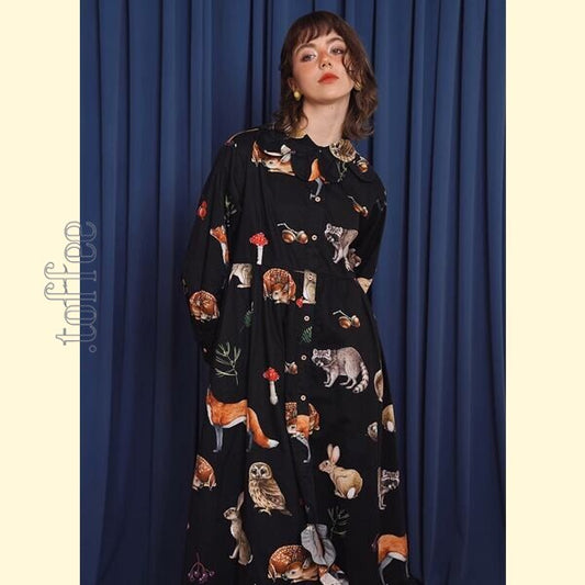 レトロエレガンス：クラシックアートのブラックシャツワンピース 《C0209》