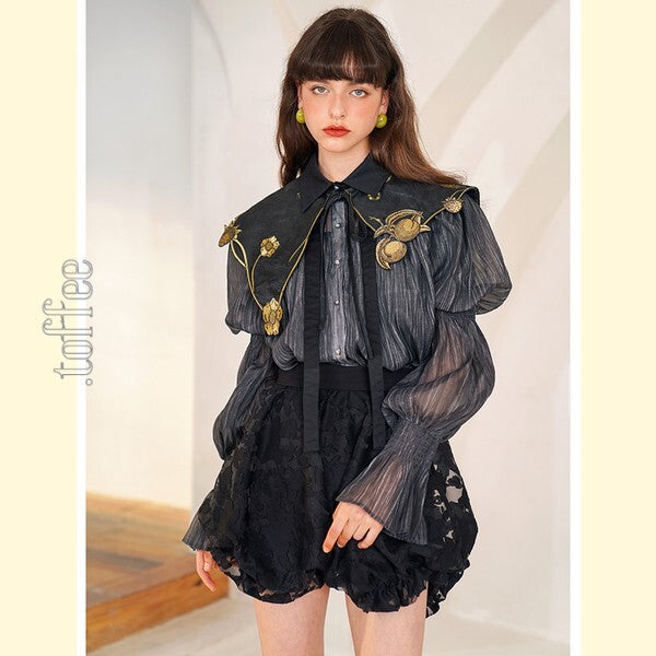 【2color】果物モチーフの植物画刺繍：ロマンティックフェアリーケープ　C0168