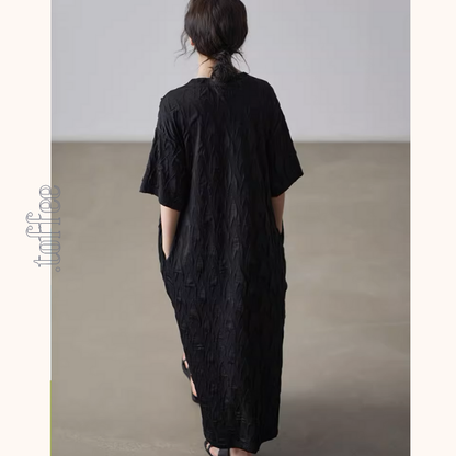 ラウンドネックロングブラックワンピース《Z00996》