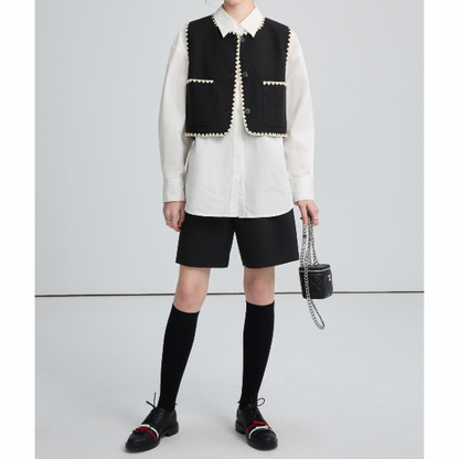 刺繍トリミングのショートベスト X-295