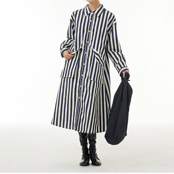 【2color】ストライプシャツワンピース X-349