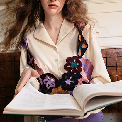 【2color】かぎ編みマルチカラーフラワーモチーフベスト＆レースディテールルーズシャツセットアップ    《Z00654》