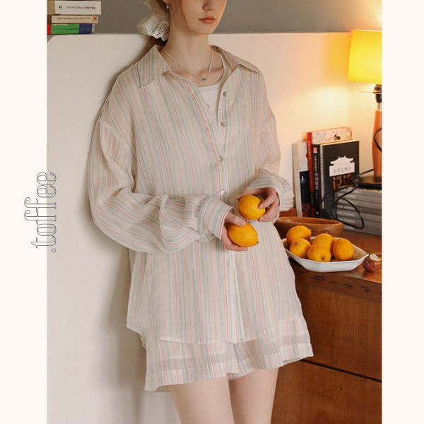 カラフルストライプルーズシャツ＆ワイドショートパンツのセットアップ《Z01029》