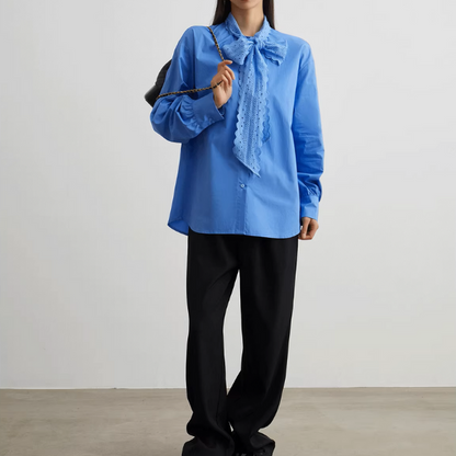 アイレット刺繍ボウタイブラウス＆ブラックパンツセットアップ《Z00952》