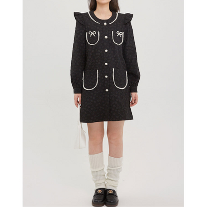 ふくれジャガードのブラックミニワンピース X-381