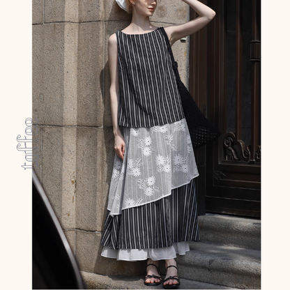 ストライプノースリーブトップ＆レース装飾ロングスカートセットアップ《Z01028》