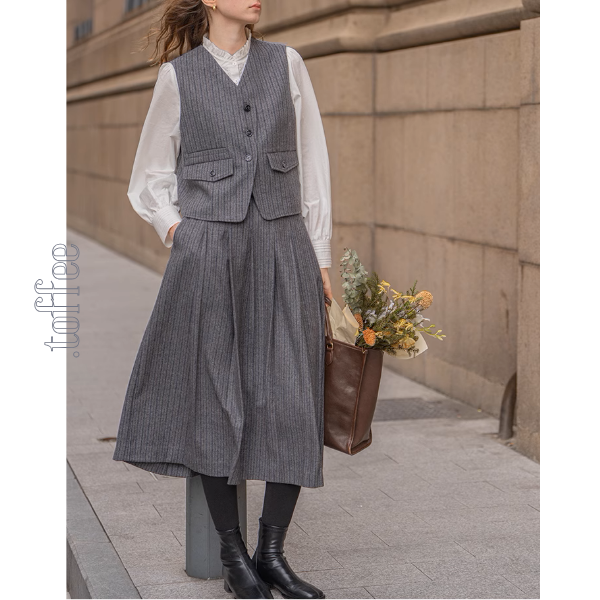 【3color】チェック柄リボン装飾ジレ＆ミモレ丈プリーツスカートセットアップ《Z00858》