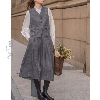 【3color】チェック柄リボン装飾ジレ＆ミモレ丈プリーツスカートセットアップ《Z00858》