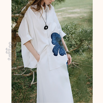 フラワー刺繍オーバーサイズシャツ＆Aラインミモレ丈スカートセットアップ《Z00927》