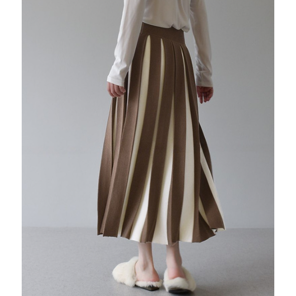【６color】バイカラープリーツスカート w-079