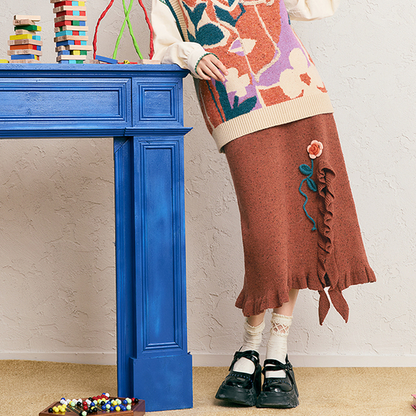 フラワー刺繍＆フリルヘムロングスカート 《Z00686》