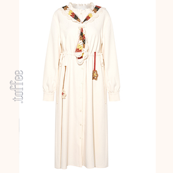 マルチカラーかぎ編みレースタイ付きAラインワンピース　《Z00678》