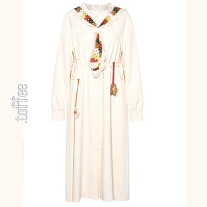 マルチカラーかぎ編みレースタイ付きAラインワンピース　《Z00678》