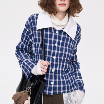 レースディテールチャック柄ブルーシャツ 《Z00636》