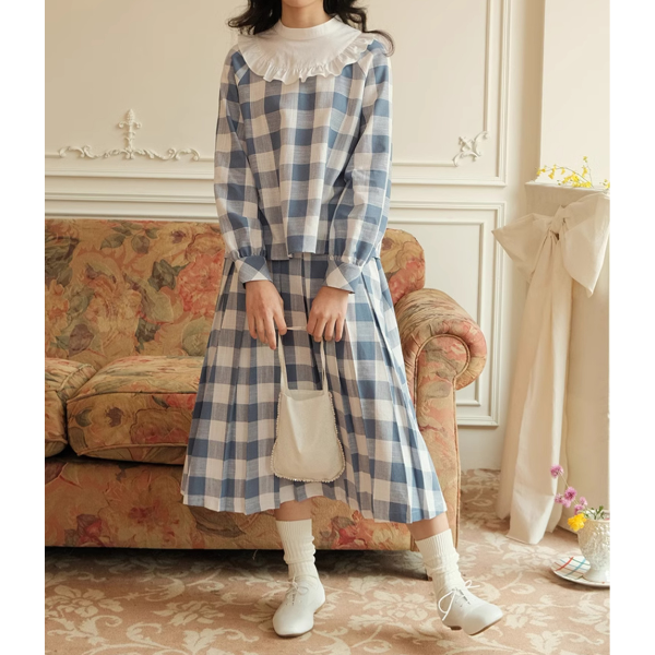 チェック柄ドールカラーブラウス＆スカートセットアップ Z00085