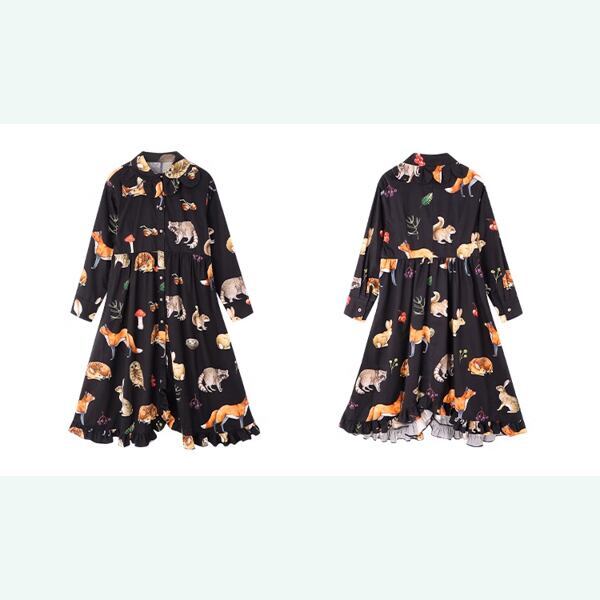 レトロエレガンス：クラシックアートのブラックシャツワンピース 《C0209》