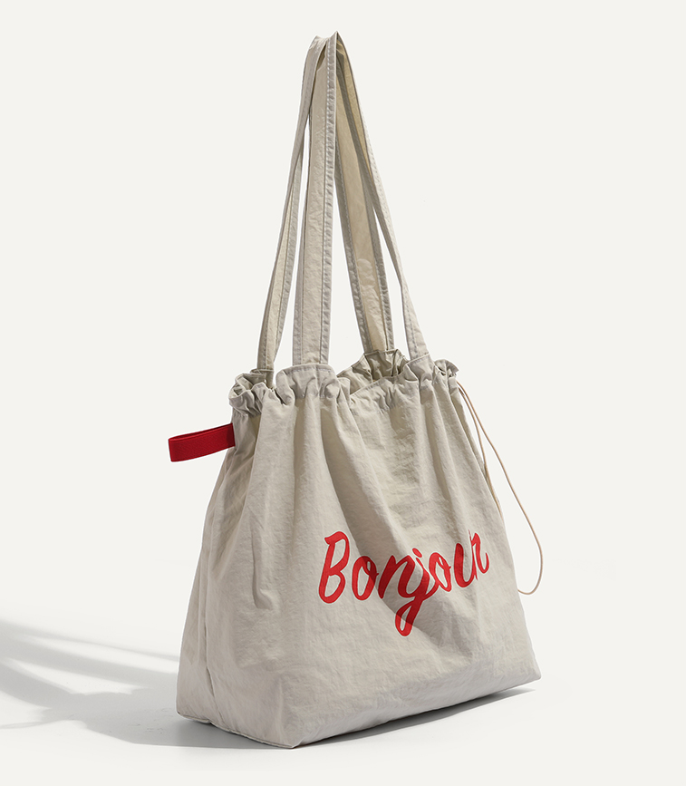 【4color】“Bonjour” レタープリントドローストリングトートバッグ　《Z00802》