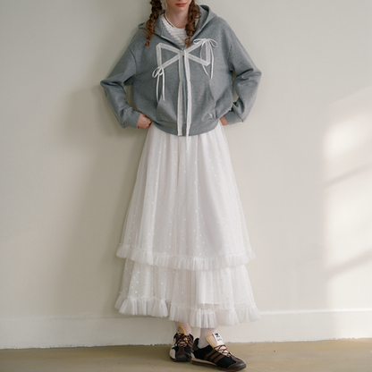 フリル＆メッシュホワイトロングスカート　Z00570