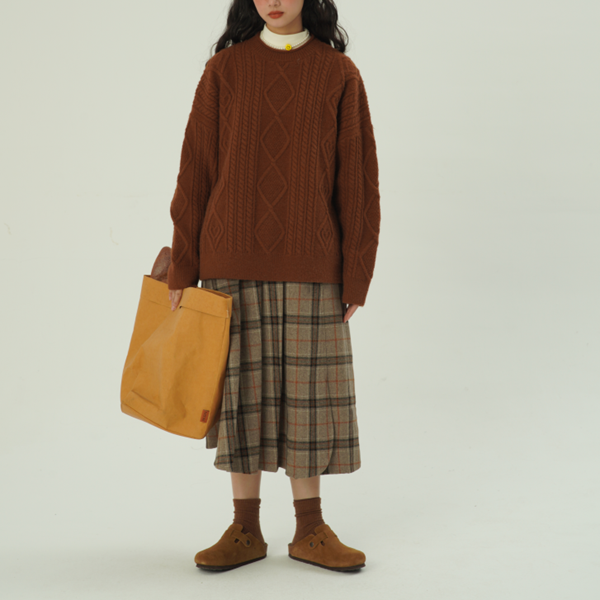 【2color】ホーンボタンチェック柄ロングスカート　Z00607