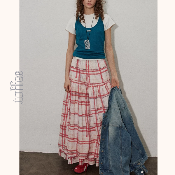 ペインタリーチェックロングフレアスカート《Z00843》
