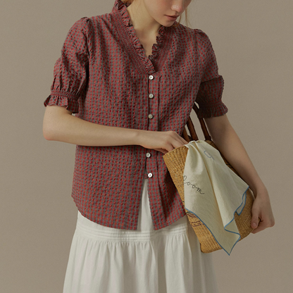 フリルネックチェック柄ブラウス《Z00822》