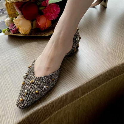 スタッズデコレーションチェックパンプス w-125