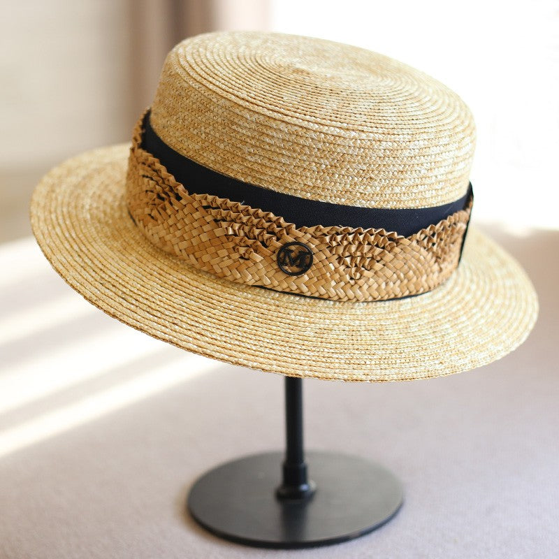 麦わら編み編みリボンのカンカン帽