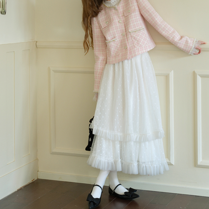 フリル＆メッシュホワイトロングスカート　Z00570