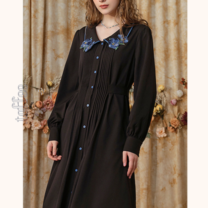 フラワー刺繍レースヘムブラックワンピース　《Z00680》