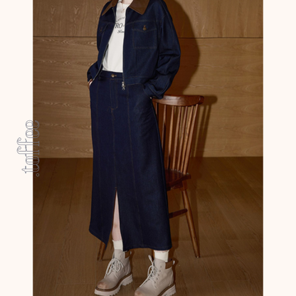 ジップジャケット＆フロントスリットロングスカートのデニムセットアップ　Z00475