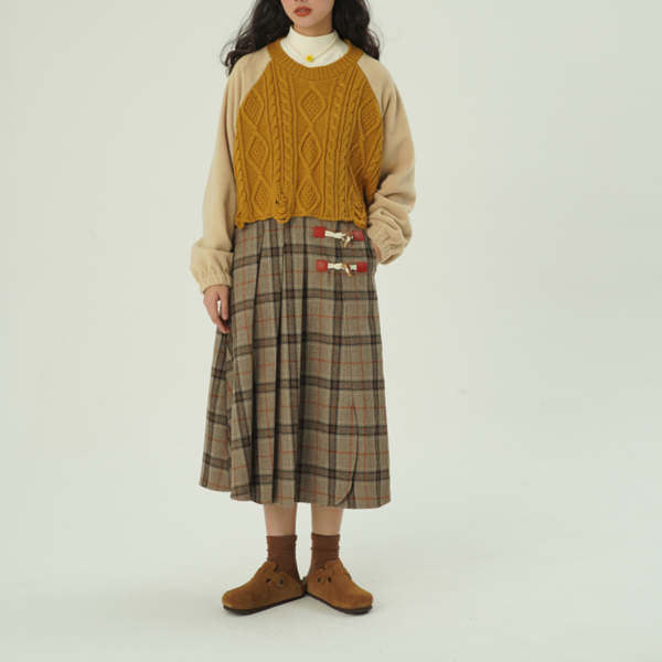 【2color】ホーンボタンチェック柄ロングスカート　Z00607