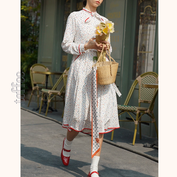 リボンタイ付きカラフルドットシャツワンピース　《Z00750》