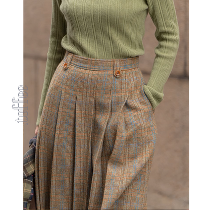 【3color】チェック柄リボン装飾ジレ＆ミモレ丈プリーツスカートセットアップ《Z00858》