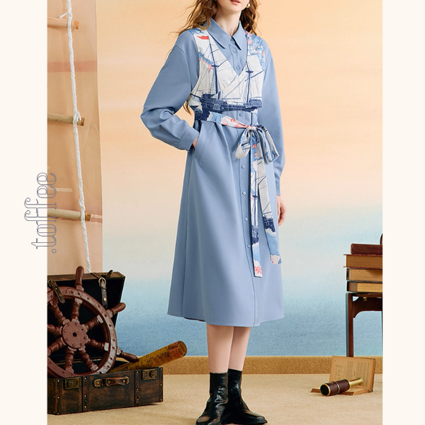 船と旅の重ね着風シャツワンピース《Z01132》