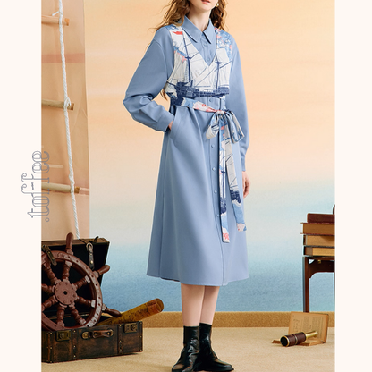 船と旅の重ね着風シャツワンピース《Z01132》