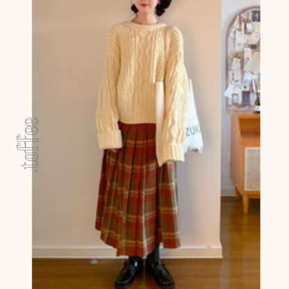 揺れるオレンジ×グリーン＊レトロチェックプリーツスカート《Z01205》