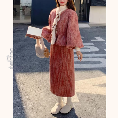 淡紅ファーリボンジャケット＆ミモレ丈スカートのセットアップ《Z01268》