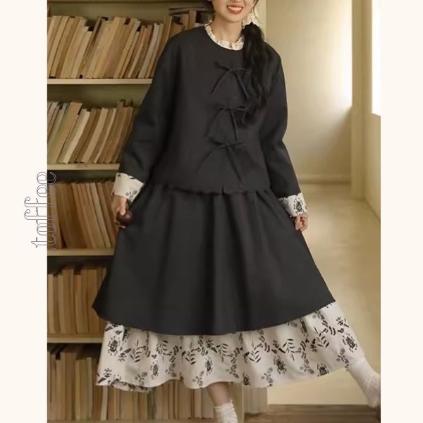 リボン留め×レイヤード風ブラックセットアップ《Z01358》