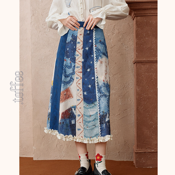 レトロプリント切替フレアスカート《Z01103》