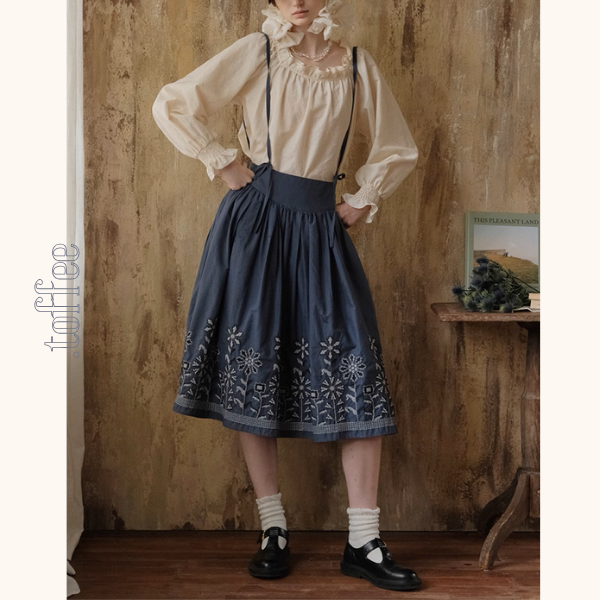 レトロ調花柄刺繍サスペンダースカート《Z01109》
